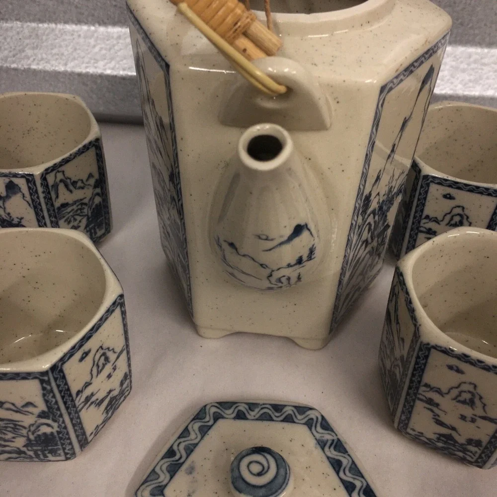 Pier One Imports Vintage Japanese Hexagonal Tea Set Bamboo Handle Blue and White